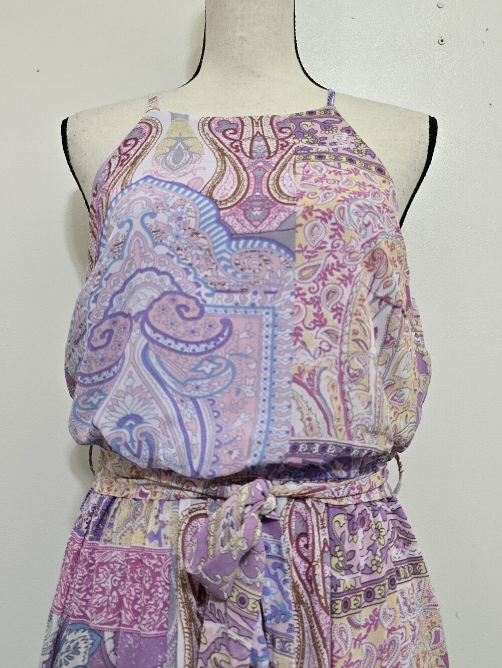 ALMOST PINK size Medium Sleeveless Paisley Print Tie Waist Maxi Dress Purple - Picture 2 of 14